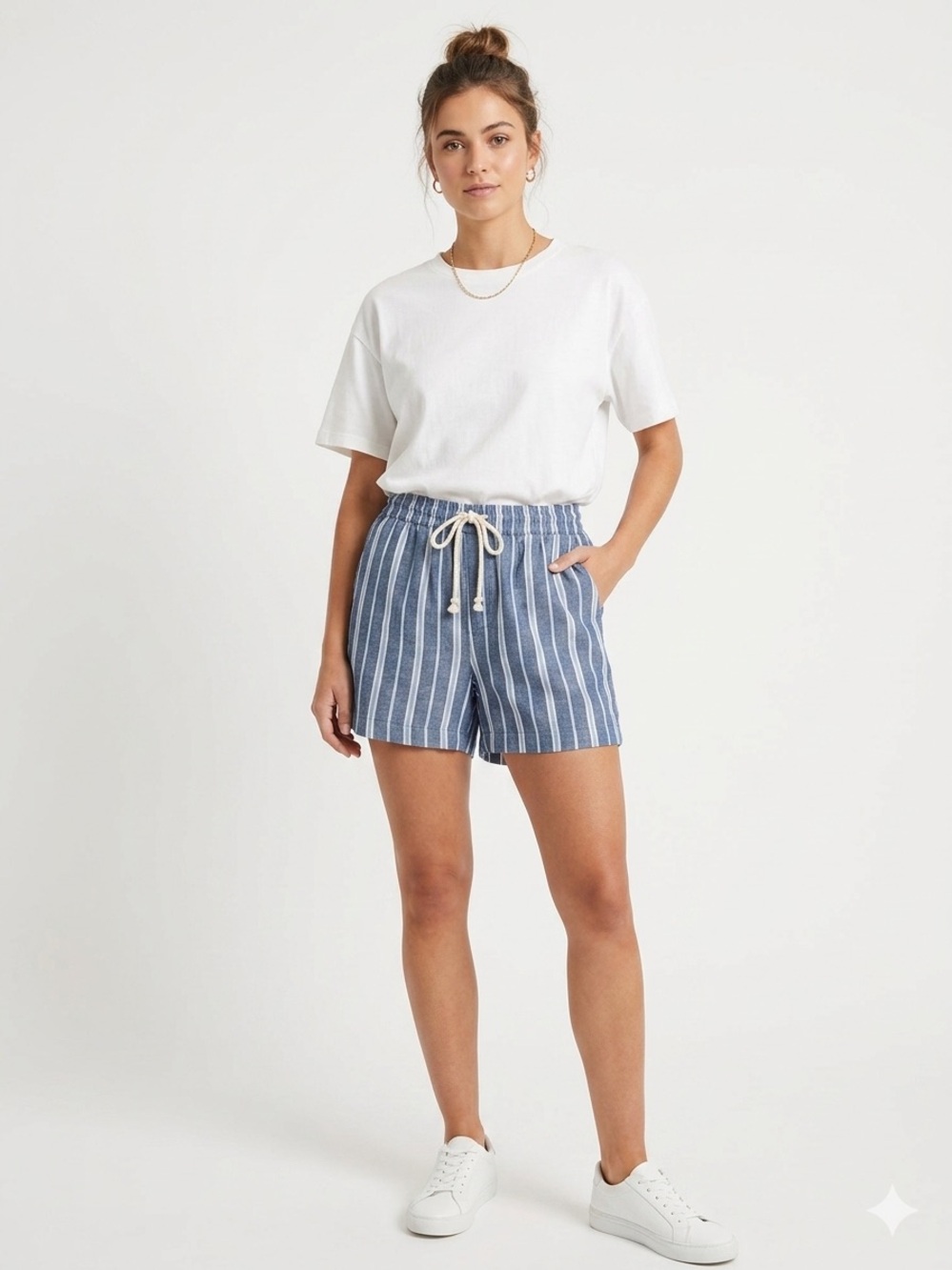 beachlunchlounge Linen Blue & White Striped High-Waist Drawstring Shorts Sz L